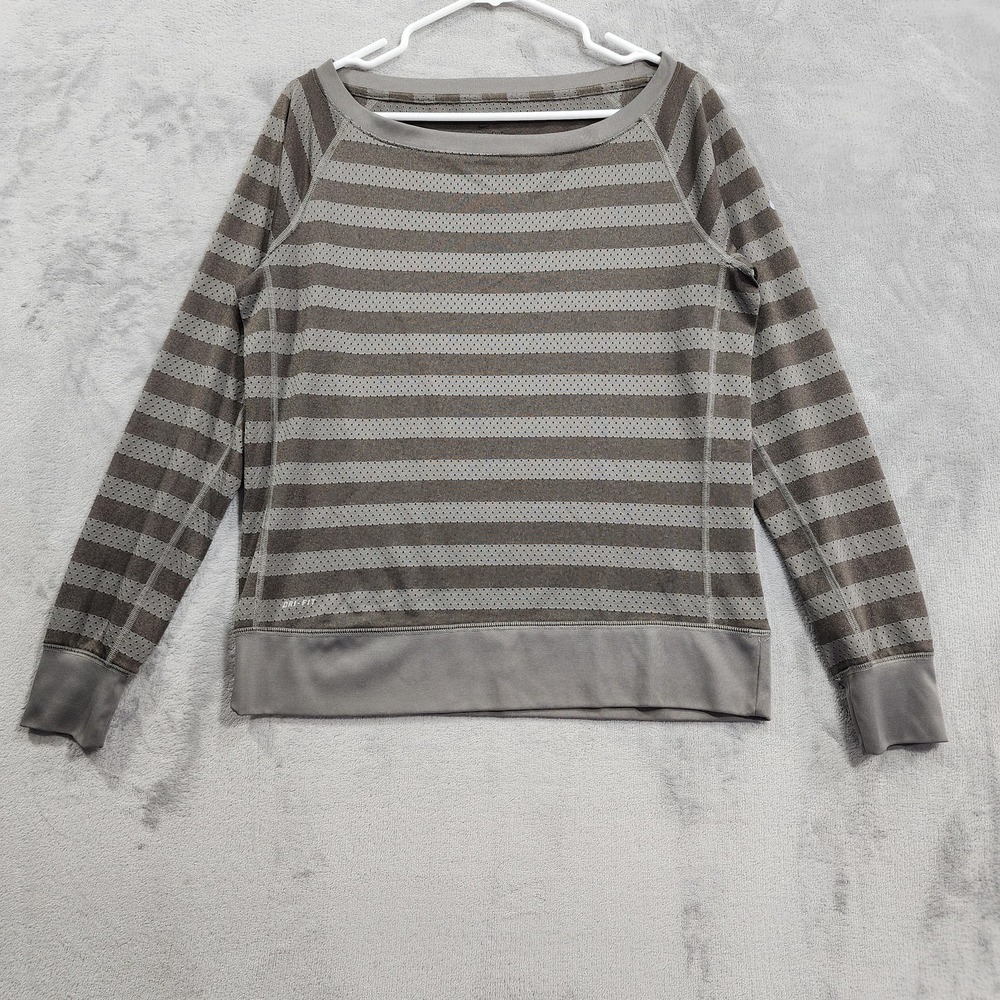 Nike Top Womens M Gray Dri-FIT Striped Mesh Boat Neck Long Sleeve Running Gym